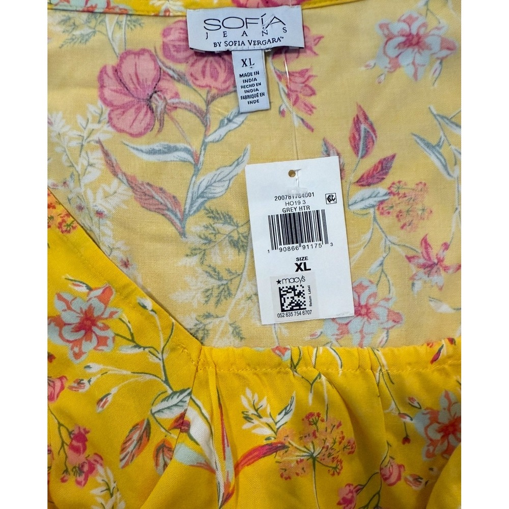 Sofia Jeans by Sofia Vergara Yellow Floral‎ Smocked Peplum Top Women's XL - Picture 4 of 4